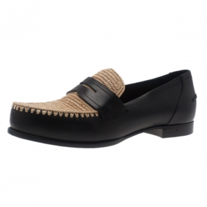 Pre Owned Bottega Veneta Black Leather and Raffia Loafers Size 40