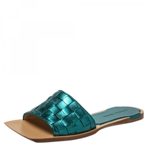 Pre Owned Bottega Veneta Metallic Blue Intrecciato Leather Flat Slides Size 40