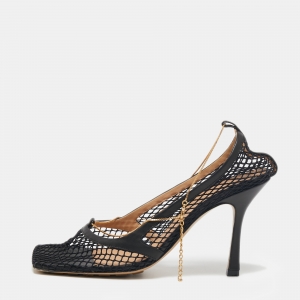 Pre Owned Bottega Veneta Black Mesh and Leather Trim Chain Detail Stretch Square -Toe Pumps Size 40.5