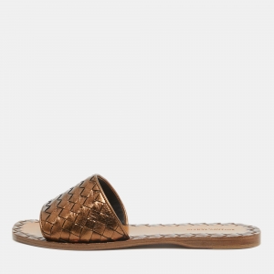 Pre Owned Bottega Veneta Metallic Bronze Leather Intrecciato Slide Flats Size 36.5