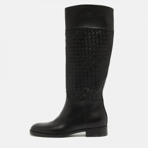 Pre Owned Bottega Veneta Black Leather Intrecciato Buckle Detail Knee Long Boots Size 38