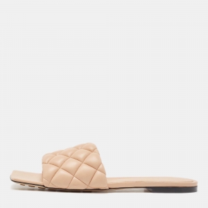 Pre Owned Bottega Veneta Beige Quilted Leather Flat Slides Size 40