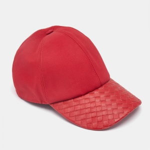Bottega Veneta Red Cotton & Leather Intrecciato Weave Baseball Cap M (581)