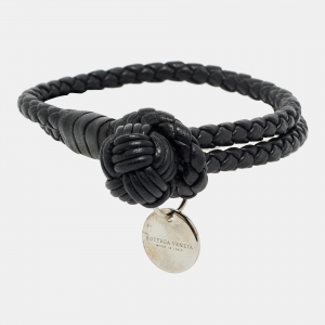 Bottega Veneta Black Intrecciato Leather Silver Tone Knot Bracelet