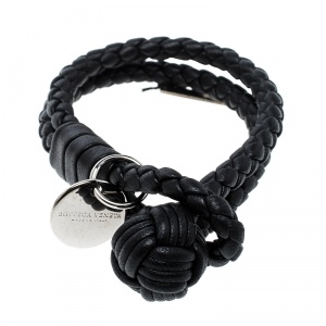 Bottega Veneta Black Intrecciato Nappa Leather Double Strand Bracelet XS