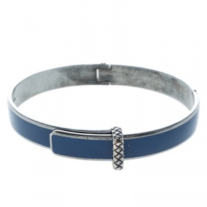 Bottega Veneta Intrecciato Blue Enamel Oxidized Silver Narrow Bracelet S