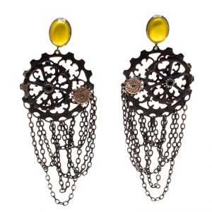 Bottega Veneta Ingranaggi Enamel Oxidized Silver Long Earrings