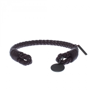 Bottega Veneta Intrecciato Nappa Brown Open Cuff Leather Bracelet S