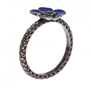 Bottega Veneta Blue Enamel Silver Flower Ring Size 57