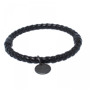 Bottega Veneta Black Intrecciato Woven Leather Bangle Bracelet 
