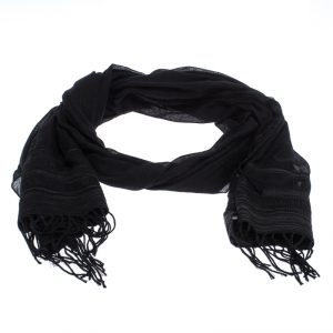 Bottega Veneta Black Leather Trim Fringed Cashmere Blend Scarf