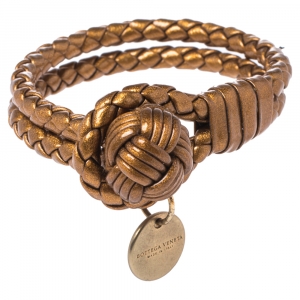 Pre Owned Bottega Veneta Bronze Gold Leather Double Strand Intrecciato Bracelet S