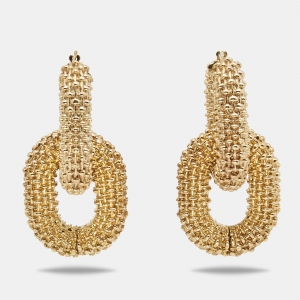Pre Owned Bottega Veneta Double Hoop Gold Tone Drop Earrings