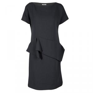 Pre Owned Bottega Veneta Grey Crepe Wool Ruffle Detail Short Sleeve Dress M