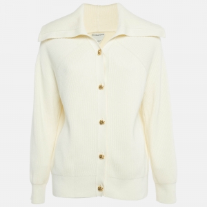 Pre Owned Bottega Veneta Cream Rib Knit Metal Knot Hardware Cardigan M