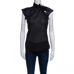Bottega Veneta Black Sheer Cotton Neck Tie Detail Sleeveless Top S