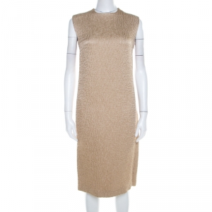 Pre Owned Bottega Veneta Beige Textured Wool Sleeveless Shift Dress S 