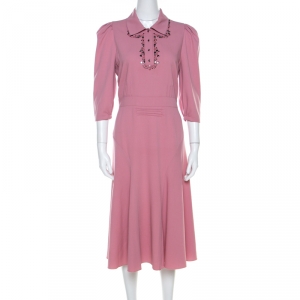 Pre Owned Bottega Veneta Dusty Rose Boudoir Wool Studded Detail Fit and Flare Dress M