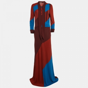 Bottega Veneta Brown/Blue Patch Work Jersey Buttoned Maxi Dress M