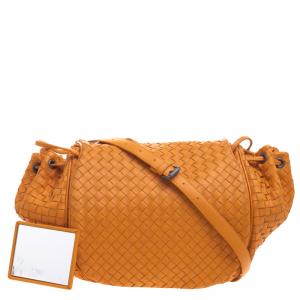 Pre Owned Bottega Veneta Orange Intrecciato Leather Drawstring Crossbody Bag