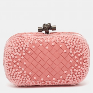 Pre Owned Bottega Veneta Pink Embroidered Intrecciato Leather Knot Clutch