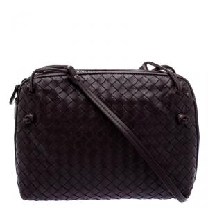 Pre Owned Bottega Veneta Burgundy Intrecciato Woven Leather Crossbody Bag