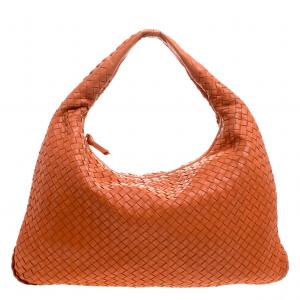 Pre Owned Bottega Veneta Orange Intrecciato Leather Large Belly Veneta Hobo