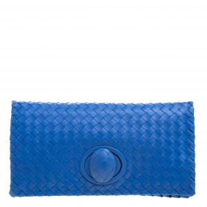 Pre Owned Bottega Veneta Blue Intrecciato Leather Twist Lock Clutch