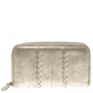 Pre Owned Bottega Veneta Light Gold Leather Zip Wallet