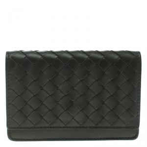 Pre Owned Bottega Veneta Dark Grey Leather Intrecciato Card Holder