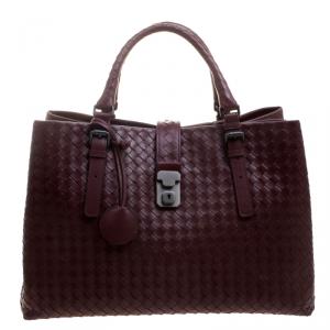Pre Owned Bottega Veneta Burgundy Intrecciato Leather Roma Tote