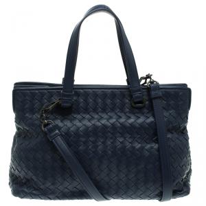 Pre Owned Bottega Veneta Navy Blue Intrecciato Leather Tote