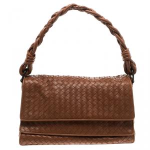 Pre Owned Bottega Veneta Copper Intrecciato Leather Braided Handle Flap Shoulder Bag