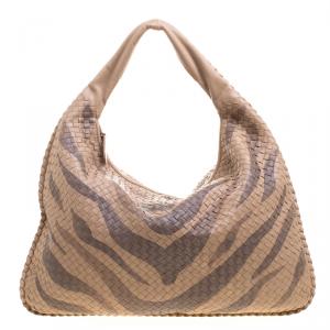 Pre Owned Bottega Veneta Beige Tiger Print Intrecciato Leather Python Trim Hobo