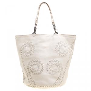 Pre Owned Bottega Veneta Off White Intrecciato Leather Cervo Tote