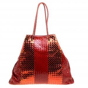 Pre Owned Bottega Veneta Metallic Red Liquid Stripe Intrecciato Leather Oversized Tote