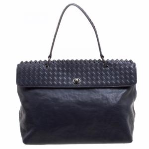 Pre Owned Bottega Veneta Navy Blue Woven Leather Tiina Bag