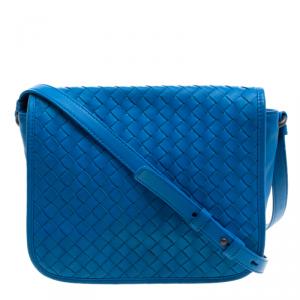 Pre Owned Bottega Veneta Blue Intrecciato Leather Full Flap Crossbody Bag