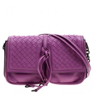 Pre Owned Bottega Veneta Purple Leather Front Pocket Crossbody Bag