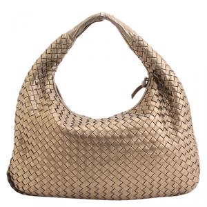 Pre Owned Bottega Veneta Gold Metallic Intrecciato Leather Medium Veneta Hobo