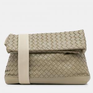 Pre Owned Bottega Veneta Beige Nappa Intrecciato Fold Over Crossbody