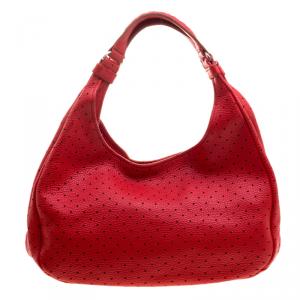 Pre Owned Bottega Veneta Red Perforated Leather Campana Hobo