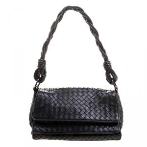 Pre Owned Bottega Veneta Black Intrecciato Leather Braided Handle Flap Shoulder Bag 