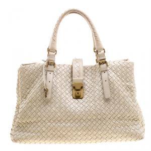Pre Owned Bottega Veneta Off White Intrecciato Leather Roma Tote