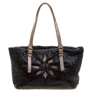 Pre Owned Bottega Veneta Black Intrecciato Leather Marquise Flower Tote
