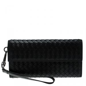 Pre Owned Bottega Veneta Black Intrecciato Leather Wrislet Wallet