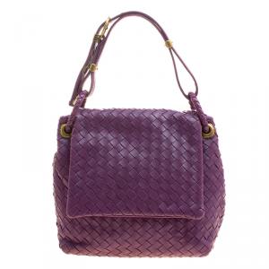 Pre Owned Bottega Veneta Purple Intrecciato Leather Flap Shoulder Bag