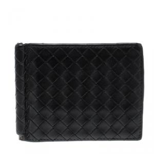 Pre Owned Bottega Veneta Black Intrecciato Leather Money Clip Bi-Fold Wallet