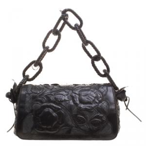 Pre Owned Bottega Veneta Black Intrecciato Leather Limited Edition Floral Applique Sienna Satchel