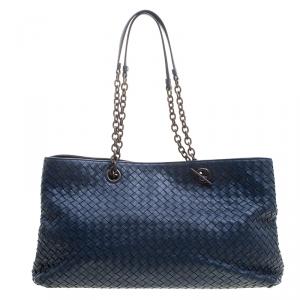 Pre Owned Bottega Veneta Blue Intrecciato Leather Double Chain Tote      